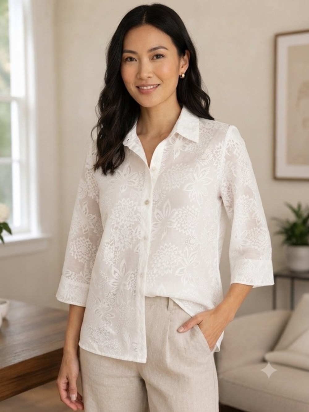 Notations White Floral Jacquard Button-Up Shirt Size Medium
